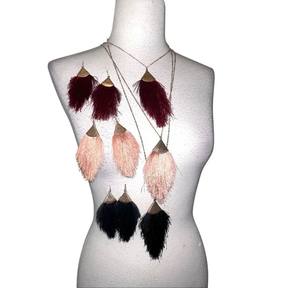 Lot of 3 Bohemian Thread Tassel Pendant Necklace & Earring Set Black Red Pink OS